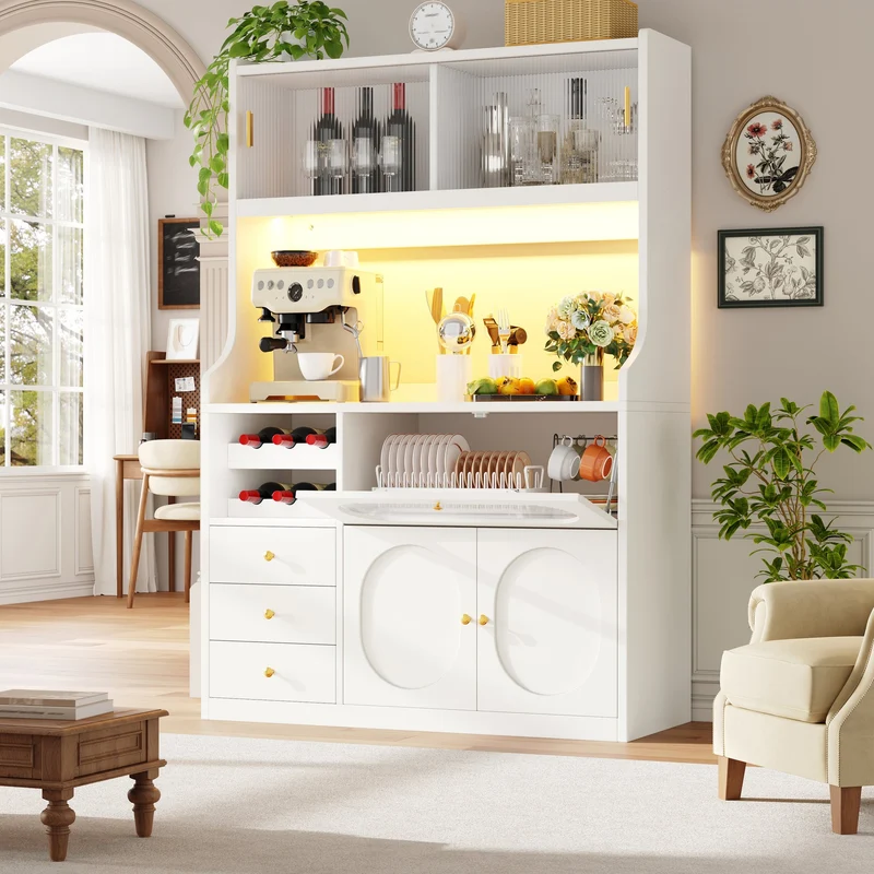 Talemaster Buffet de cuisine 120 cm blanc MDF, LED RGB, portes vitrées coulissantes & range-bouteilles