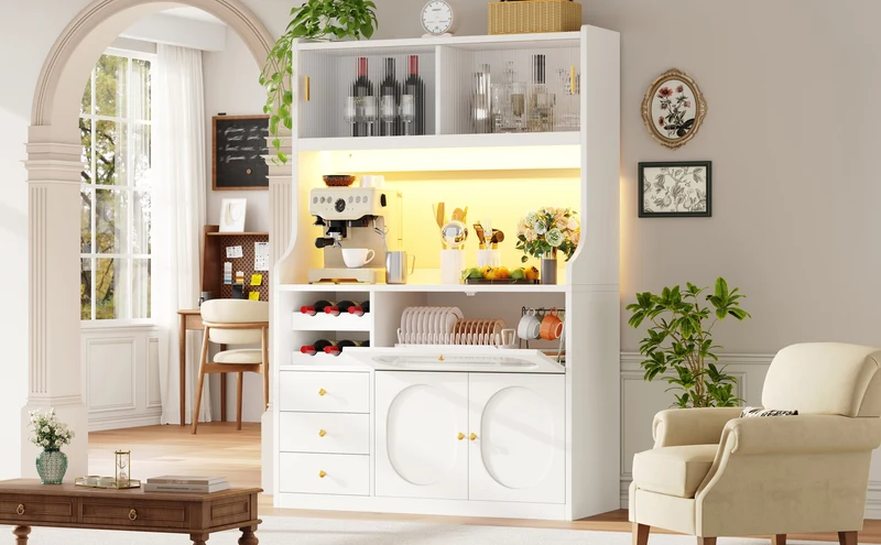 Talemaster Buffet de cuisine 120 cm blanc MDF, LED RGB, portes vitrées coulissantes & range-bouteilles