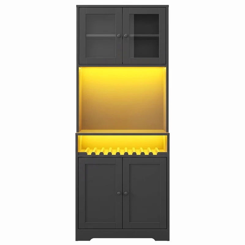 Blipped Buffet Haut 180 cm Noir MDF, Vitrine LED RGB avec Porte-Verres & Range-Bouteilles
