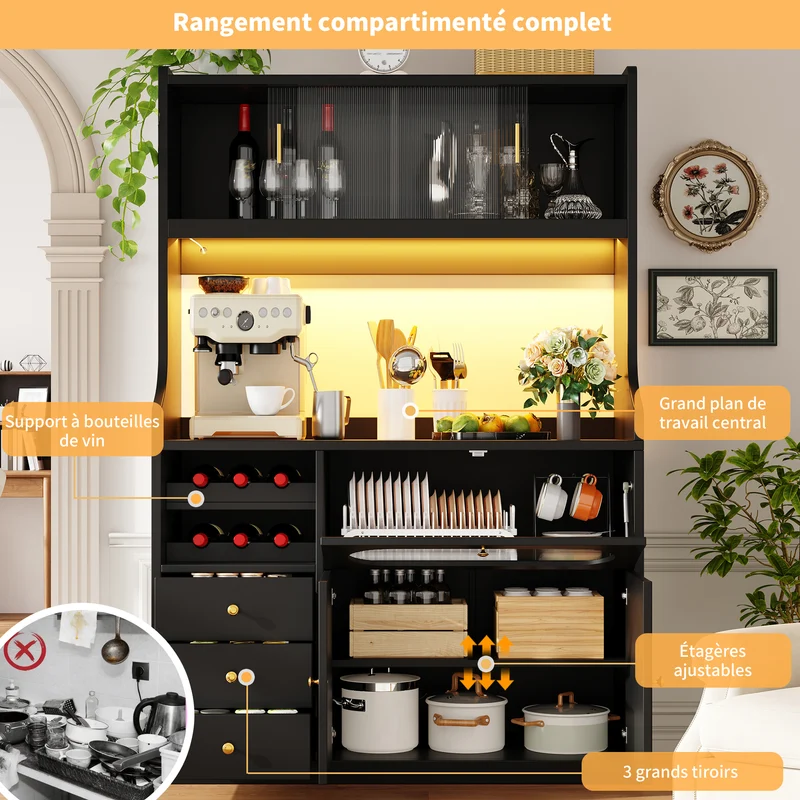 Hexacosihedroid Buffet haut cuisine 120 cm noir MDF avec LED RGB, portes vitrées et range-bouteilles