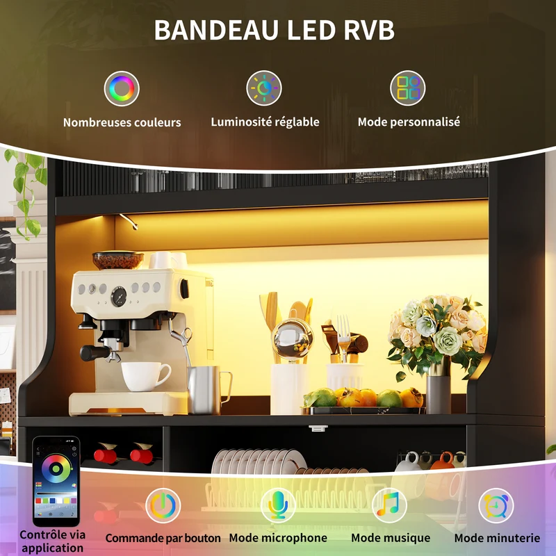 Hexacosihedroid Buffet haut cuisine 120 cm noir MDF avec LED RGB, portes vitrées et range-bouteilles