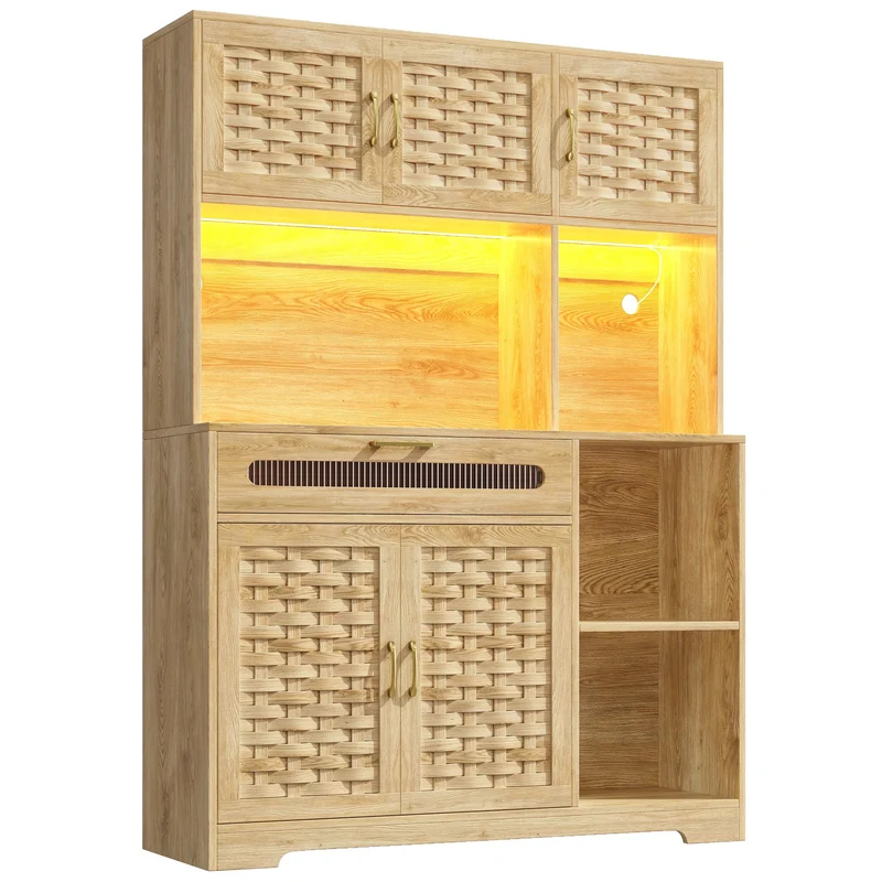 Alerter Vaisselier LED 120x40x180 cm en MDF naturel, vitrine moderne avec tiroirs