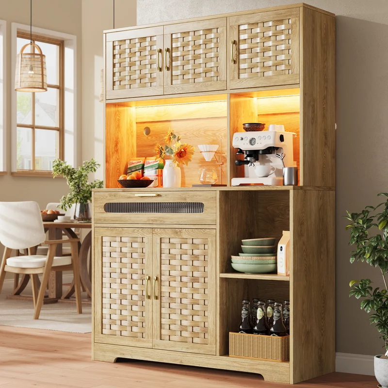 Alerter Vaisselier LED 120x40x180 cm en MDF naturel, vitrine moderne avec tiroirs