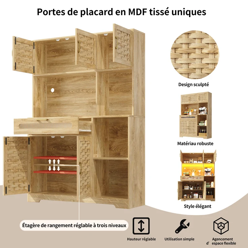 Alerter Vaisselier LED 120x40x180 cm en MDF naturel, vitrine moderne avec tiroirs