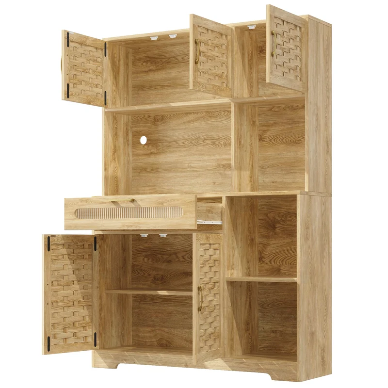Alerter Vaisselier LED 120x40x180 cm en MDF naturel, vitrine moderne avec tiroirs