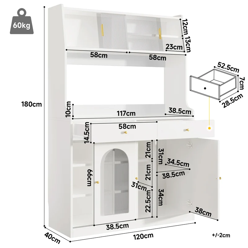 Ireful Buffet cuisine blanc 120x40x180 cm avec LED, vitrines, 2 tiroirs et étagères réglables
