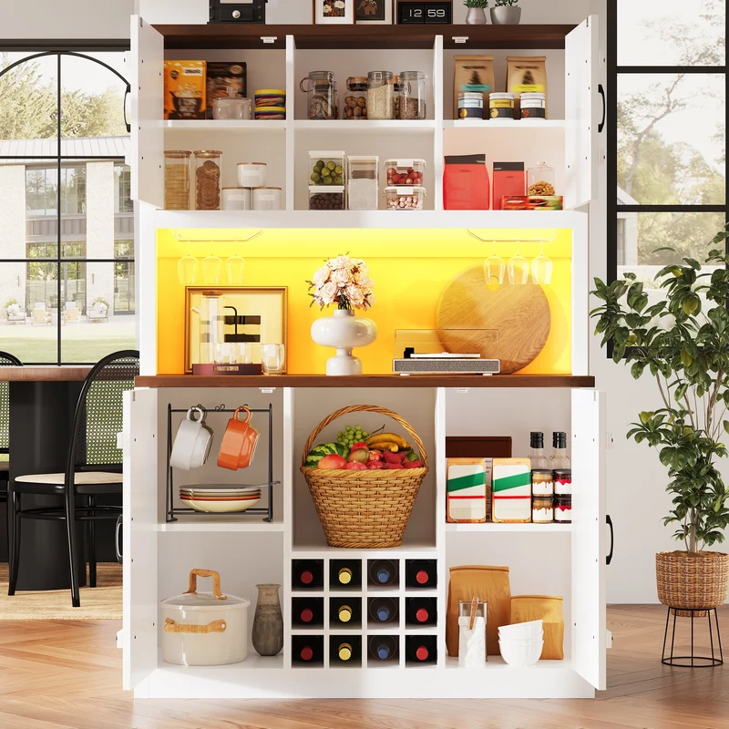 Haloxylin Buffet de Cuisine 120x40x180 cm Blanc MDF, Portes Grange, LED RGB et Range-Bouteilles