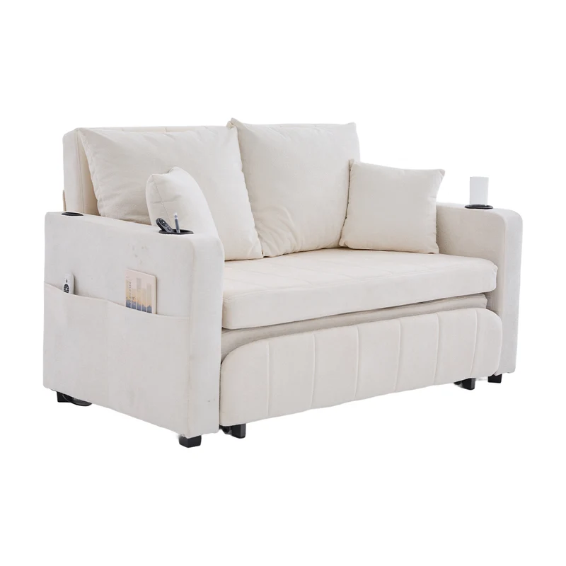 Canapé convertible 2-place en tissu chenille beige, 139x83x58cm, avec rangement, USB et porte-gobelet QUASARLIRA