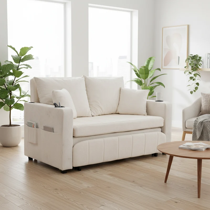 Canapé convertible 2-place en tissu chenille beige, 139x83x58cm, avec rangement, USB et porte-gobelet QUASARLIRA