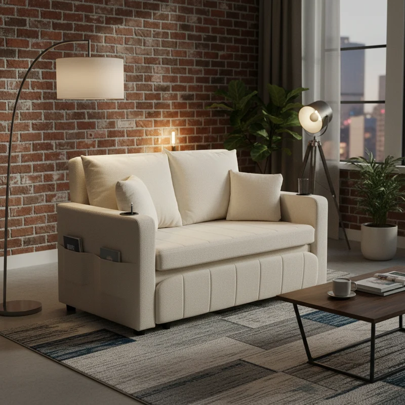 Canapé convertible 2-place en tissu chenille beige, 139x83x58cm, avec rangement, USB et porte-gobelet QUASARLIRA