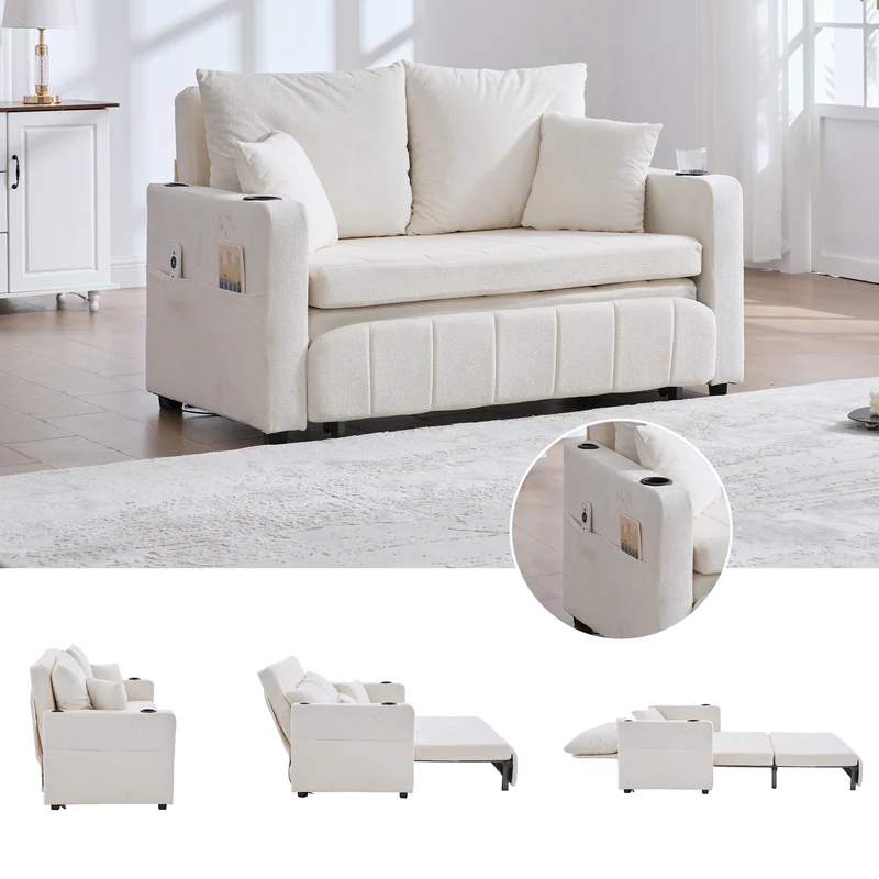 Canapé convertible 2-place en tissu chenille beige, 139x83x58cm, avec rangement, USB et porte-gobelet QUASARLIRA