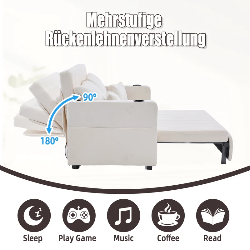 Canapé convertible 2-place en tissu chenille beige, 139x83x58cm, avec rangement, USB et porte-gobelet QUASARLIRA
