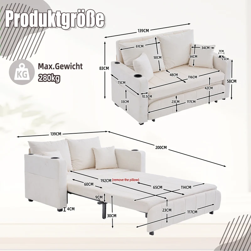 Canapé convertible 2-place en tissu chenille beige, 139x83x58cm, avec rangement, USB et porte-gobelet QUASARLIRA