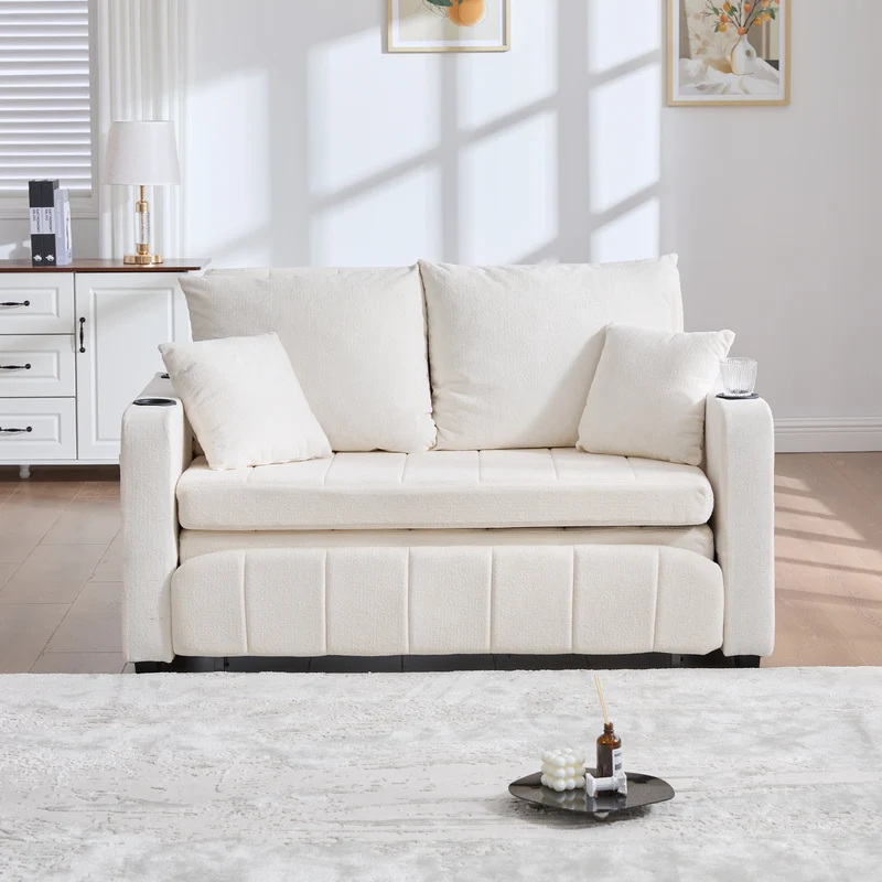 Canapé convertible 2-place en tissu chenille beige, 139x83x58cm, avec rangement, USB et porte-gobelet QUASARLIRA