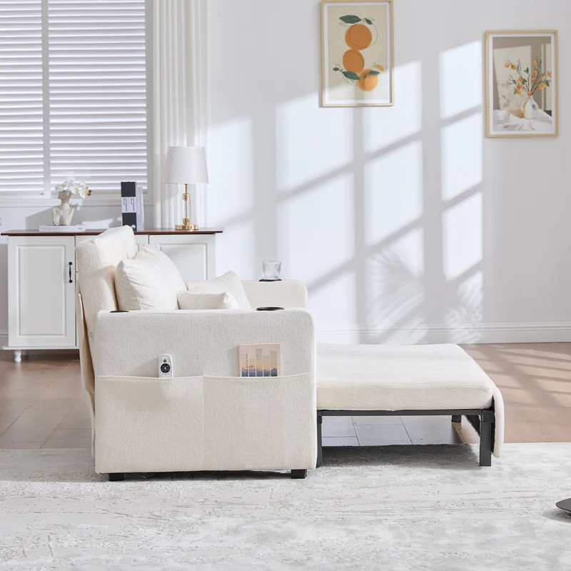 Canapé convertible 2-place en tissu chenille beige, 139x83x58cm, avec rangement, USB et porte-gobelet QUASARLIRA
