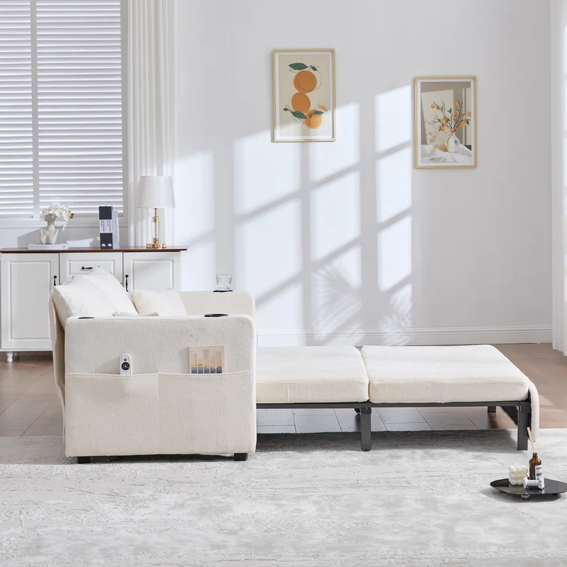 Canapé convertible 2-place en tissu chenille beige, 139x83x58cm, avec rangement, USB et porte-gobelet QUASARLIRA