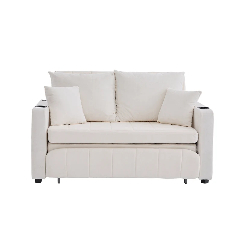 Canapé convertible 2-place en tissu chenille beige, 139x83x58cm, avec rangement, USB et porte-gobelet QUASARLIRA