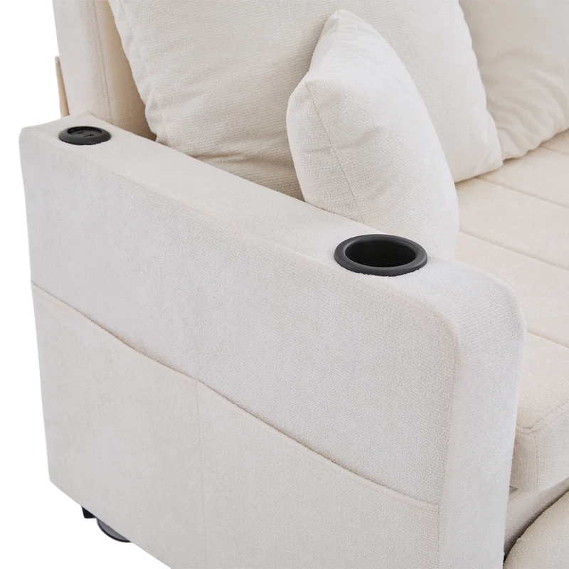 Canapé convertible 2-place en tissu chenille beige, 139x83x58cm, avec rangement, USB et porte-gobelet QUASARLIRA