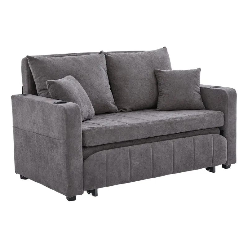 Canapé convertible 2-place en tissu chenille gris avec rangement, USB et porte-gobelet, 139x83x58cm QUASARVORN