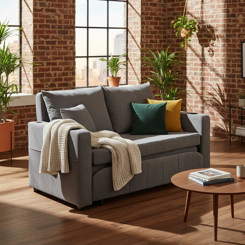 Canapé convertible 2-place en tissu chenille gris avec rangement, USB et porte-gobelet, 139x83x58cm QUASARVORN