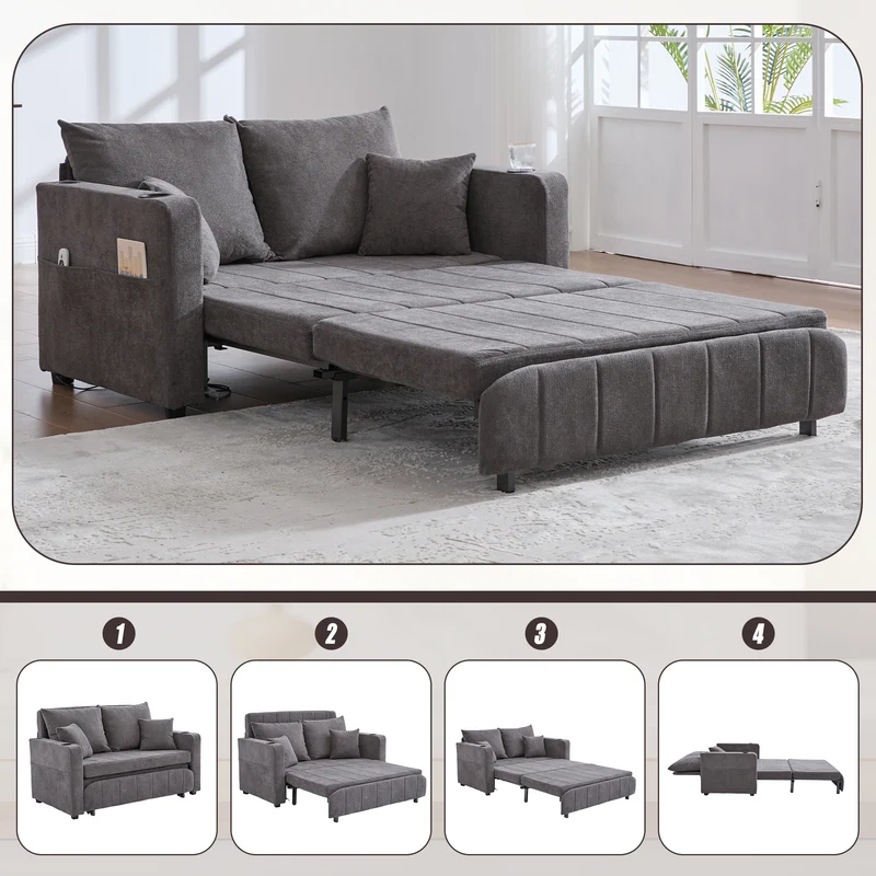 Canapé convertible 2-place en tissu chenille gris avec rangement, USB et porte-gobelet, 139x83x58cm QUASARVORN