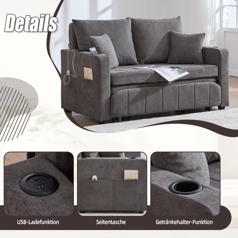 Canapé convertible 2-place en tissu chenille gris avec rangement, USB et porte-gobelet, 139x83x58cm QUASARVORN
