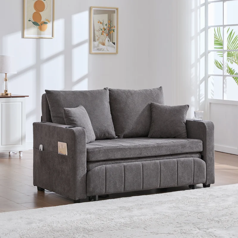Canapé convertible 2-place en tissu chenille gris avec rangement, USB et porte-gobelet, 139x83x58cm QUASARVORN