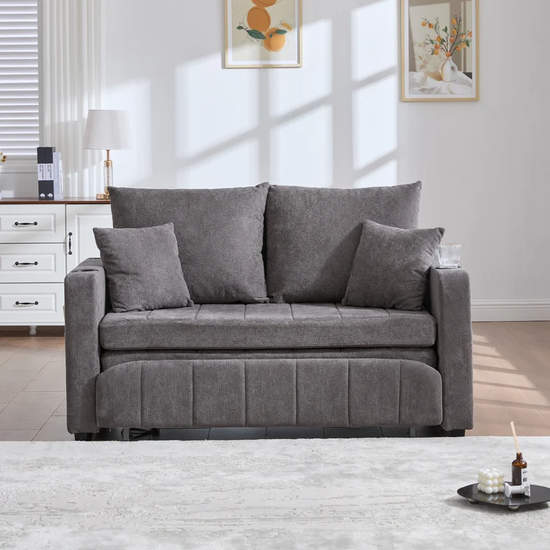 Canapé convertible 2-place en tissu chenille gris avec rangement, USB et porte-gobelet, 139x83x58cm QUASARVORN