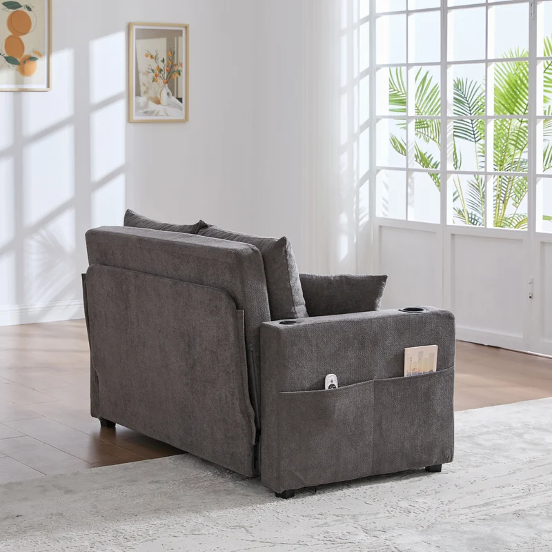 Canapé convertible 2-place en tissu chenille gris avec rangement, USB et porte-gobelet, 139x83x58cm QUASARVORN