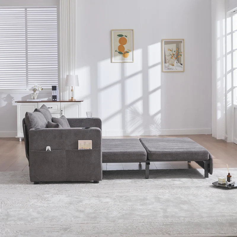 Canapé convertible 2-place en tissu chenille gris avec rangement, USB et porte-gobelet, 139x83x58cm QUASARVORN