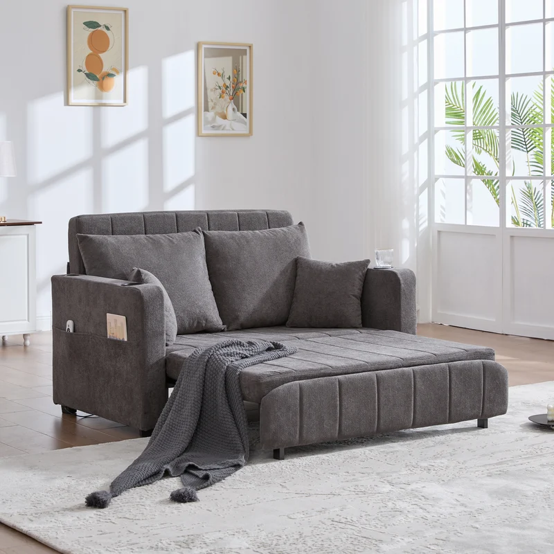 Canapé convertible 2-place en tissu chenille gris avec rangement, USB et porte-gobelet, 139x83x58cm QUASARVORN