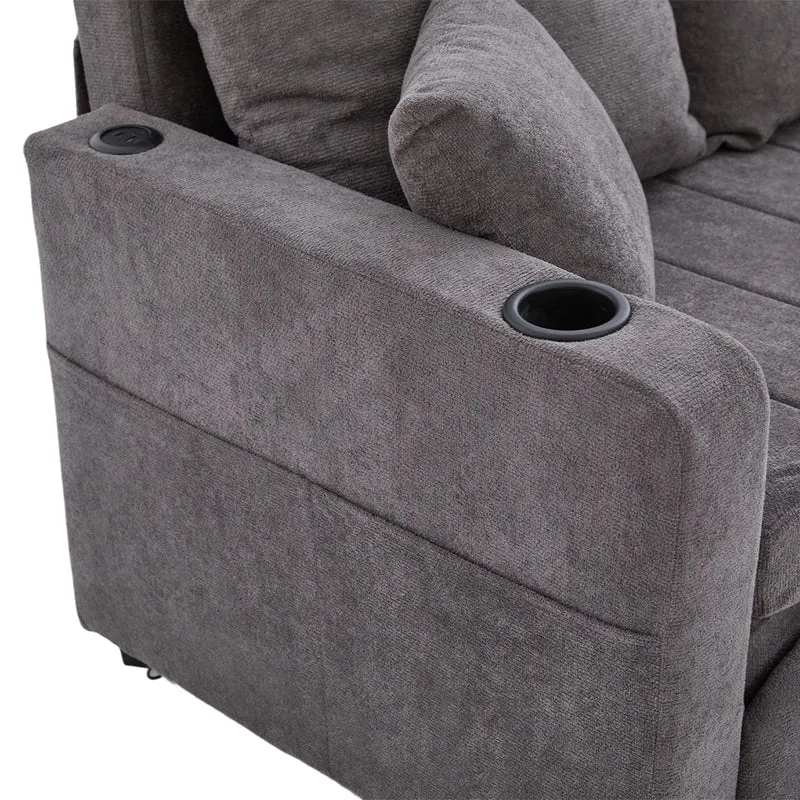 Canapé convertible 2-place en tissu chenille gris avec rangement, USB et porte-gobelet, 139x83x58cm QUASARVORN