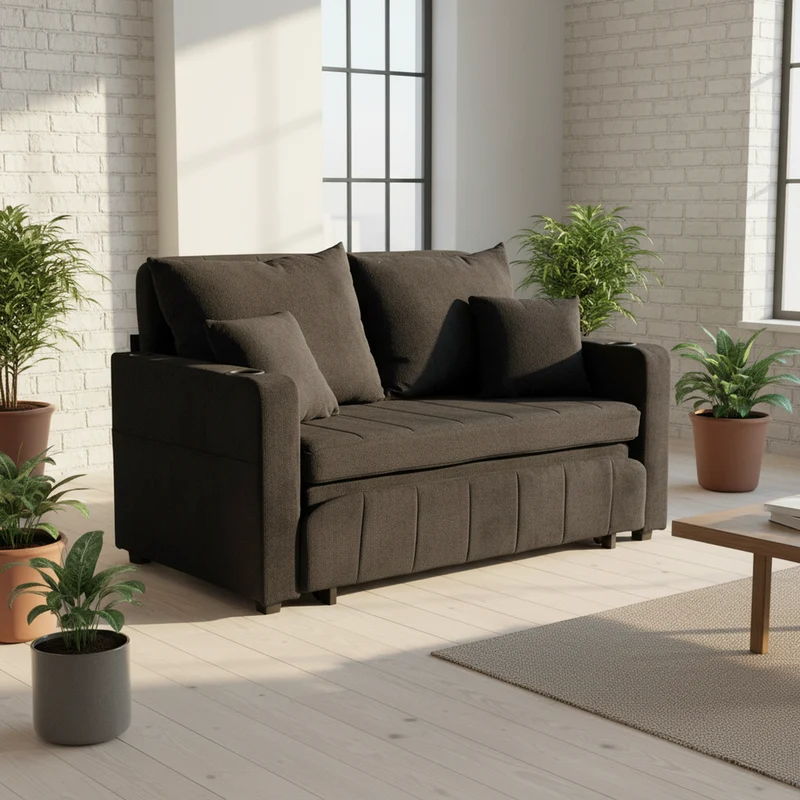 Canapé convertible 2-place en tissu chenille noir avec rangement, USB et porte-gobelet, 139x83x58cm QUASARONYX