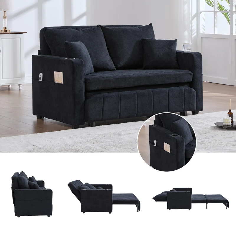 Canapé convertible 2-place en tissu chenille noir avec rangement, USB et porte-gobelet, 139x83x58cm QUASARONYX