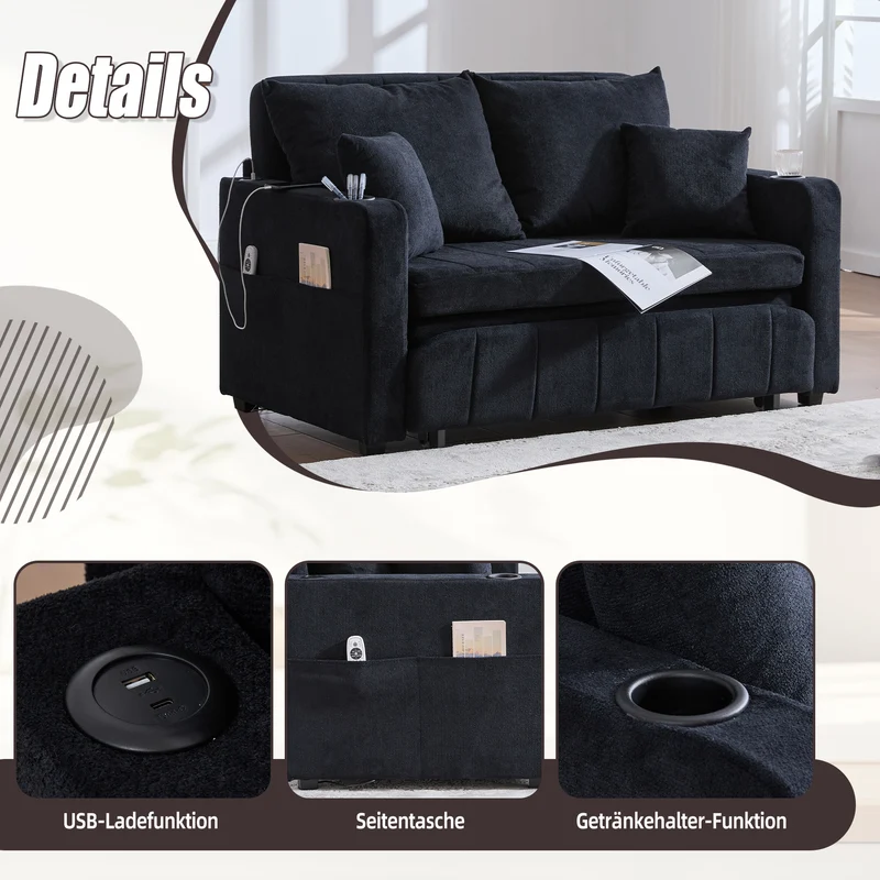 Canapé convertible 2-place en tissu chenille noir avec rangement, USB et porte-gobelet, 139x83x58cm QUASARONYX