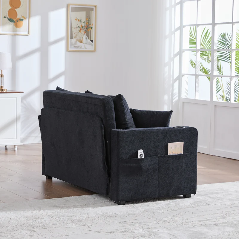Canapé convertible 2-place en tissu chenille noir avec rangement, USB et porte-gobelet, 139x83x58cm QUASARONYX