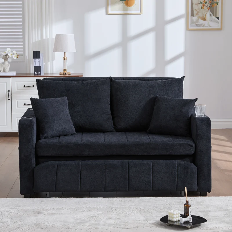 Canapé convertible 2-place en tissu chenille noir avec rangement, USB et porte-gobelet, 139x83x58cm QUASARONYX