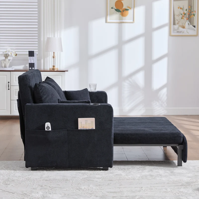 Canapé convertible 2-place en tissu chenille noir avec rangement, USB et porte-gobelet, 139x83x58cm QUASARONYX