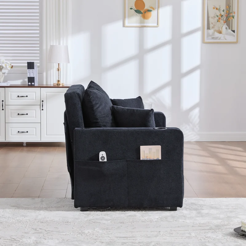 Canapé convertible 2-place en tissu chenille noir avec rangement, USB et porte-gobelet, 139x83x58cm QUASARONYX