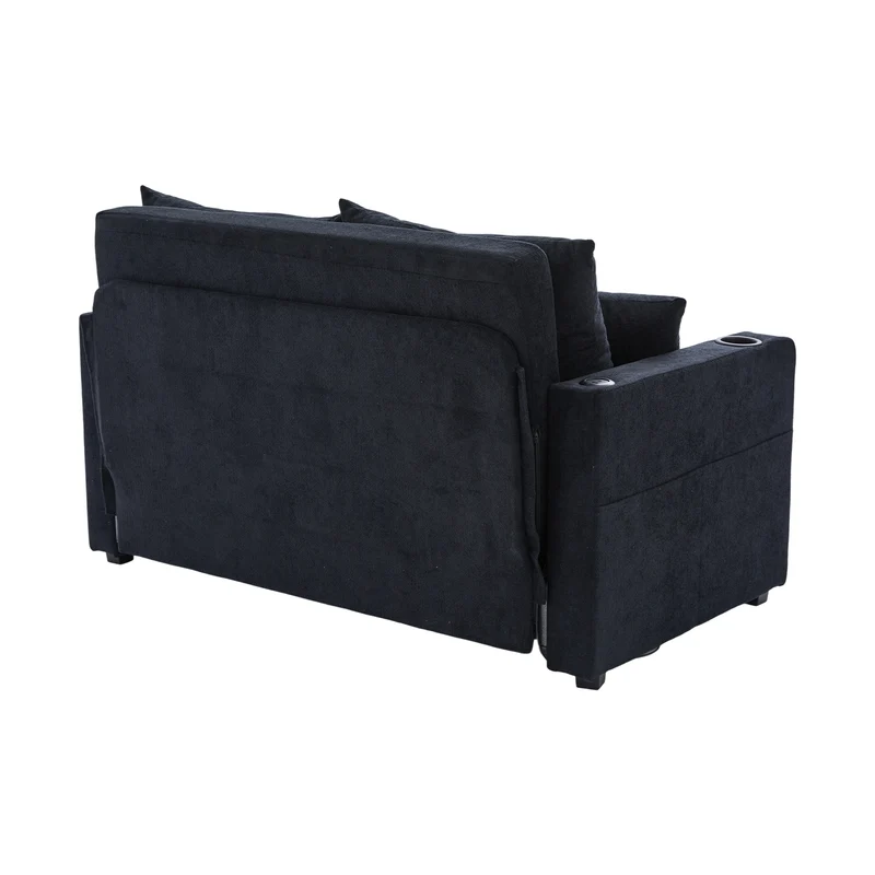 Canapé convertible 2-place en tissu chenille noir avec rangement, USB et porte-gobelet, 139x83x58cm QUASARONYX