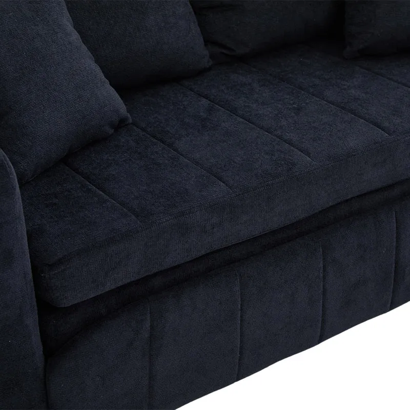 Canapé convertible 2-place en tissu chenille noir avec rangement, USB et porte-gobelet, 139x83x58cm QUASARONYX