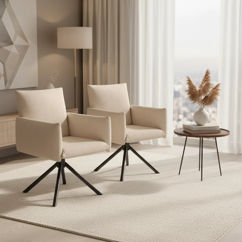 Lot de 2 chaises de salle à manger pivotantes 360° en velours beige dossier, pieds en métal noir NEXUSVEX
