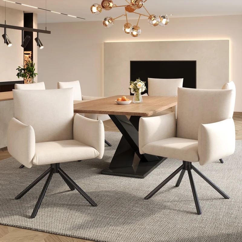 Lot de 2 chaises de salle à manger pivotantes 360° en velours beige dossier, pieds en métal noir NEXUSVEX