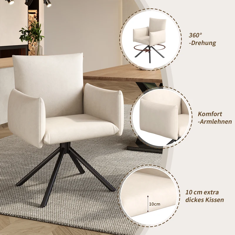 Lot de 2 chaises de salle à manger pivotantes 360° en velours beige dossier, pieds en métal noir NEXUSVEX
