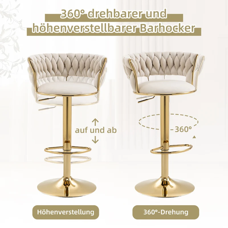 Lot de 2 tabouret de bar pivotant 360° en velours beige, hauteur réglable FLAREDYNE