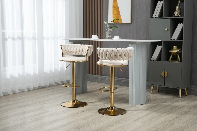Lot de 2 tabouret de bar pivotant 360° en velours beige, hauteur réglable FLAREDYNE