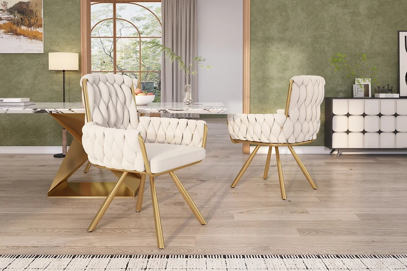 Lot de 2 chaise de salle à manger en velours beige, pivotante 360°, pieds en métal dorés NEXUSRIFT