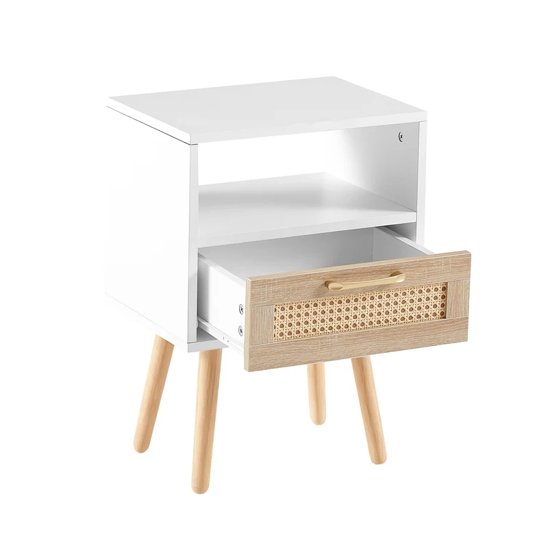 Table de chevet blanc et en rotin avec tiroir 55x40x30cm FLAREAERO