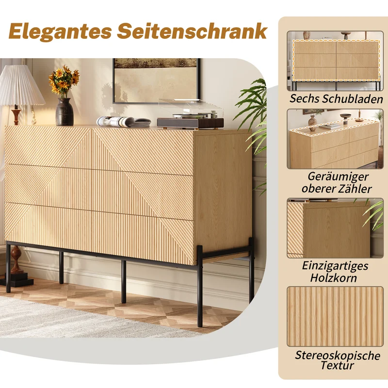 Buffet effet bois naturel géométrique 3D, 6 tiroirs 115,5x38x75cm CASCADEDYNE