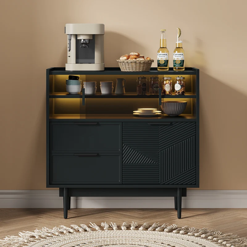 Buffet noir motifs géométriques avec éclairage LED 80*35cm QHELQADS